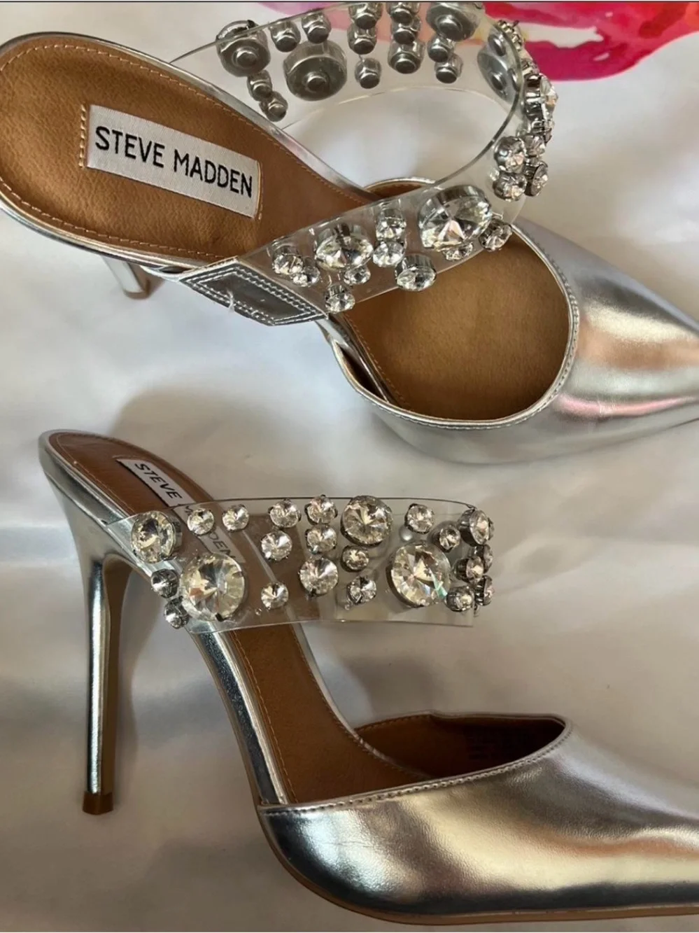 Steve Madden Silver Jeweled Clear-Strap Pointed Pumps